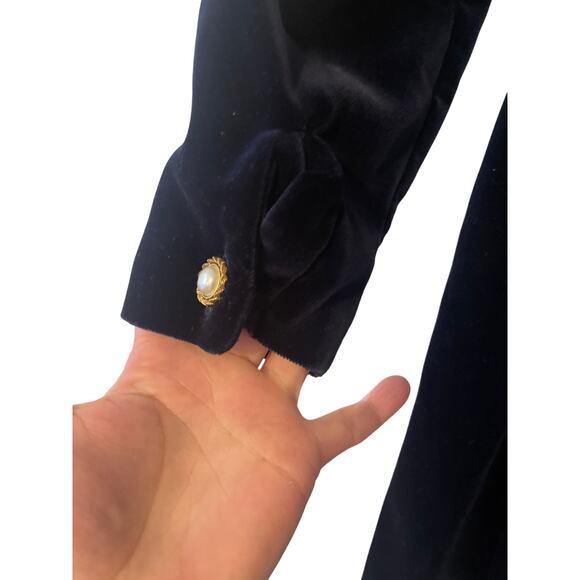 Laura Ashley Blue Velvet Shawl Collar Pearl Button Front Size 6 Vintage Dress - Picture 10 of 11
